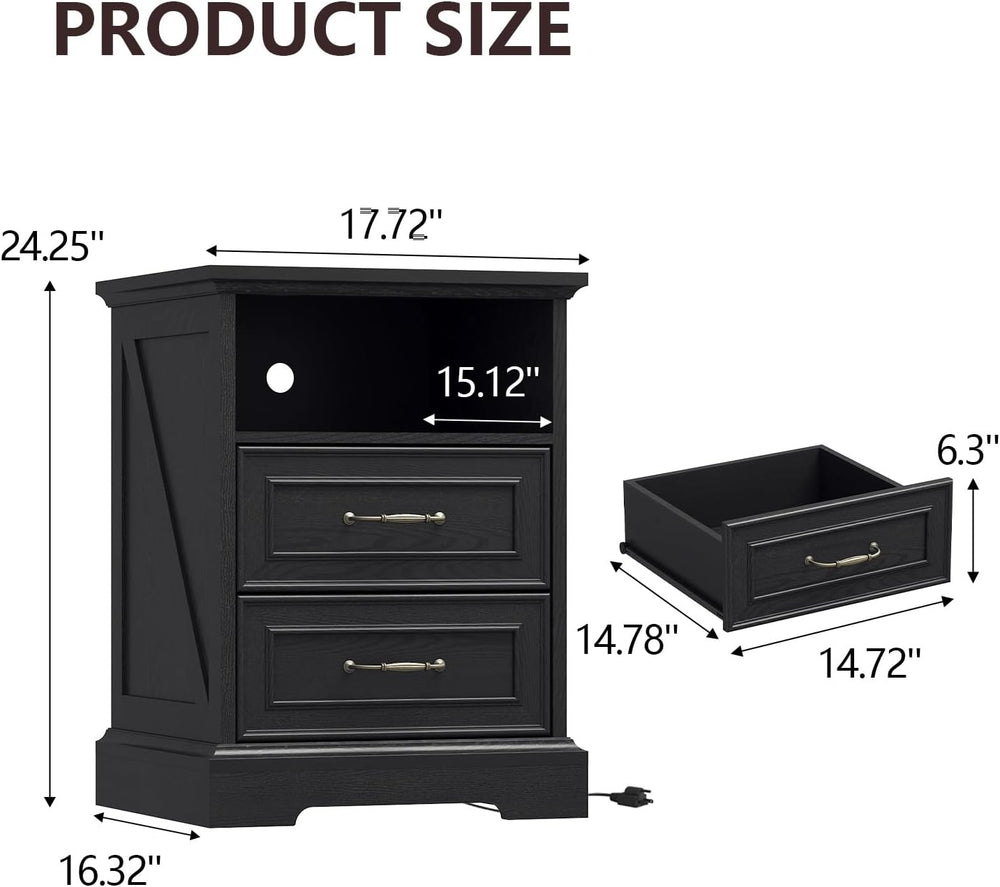 Nightstand with Charging Station,18" Wide End Table with 2 Large Drawers...