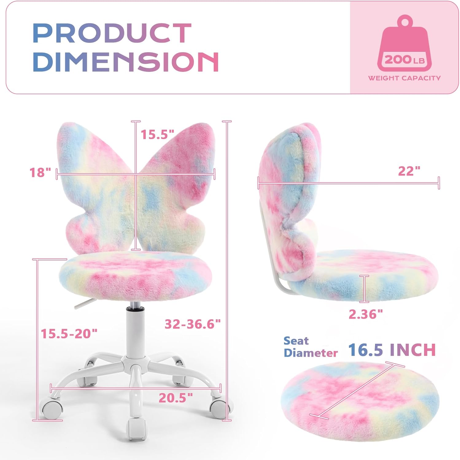 Lessmore Pink Girls Desk Chair - Comfy Swivel Kids Desk Chair for Girls Room, Fluffy Butterfly Kids Office Chair for Reading & Vanity,Pink