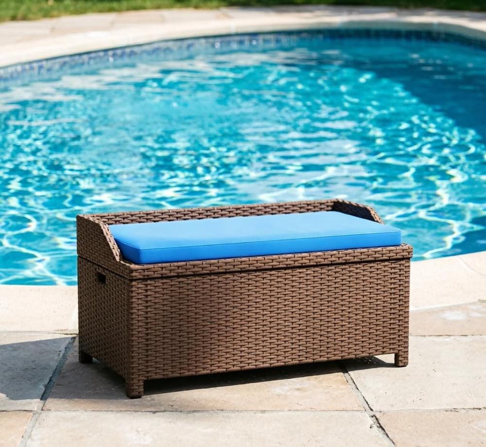 2-in-1 Outdoor Wicker Storage Bench with Cushion - 34 Gallon Patio Deck Box w...