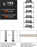 SINGAYE 6 Shelf Wire Shelving Unit Adjustable Metal Shelves Standing Bathroom Organizers and Storage Wire Closet Metal Pantry Kitchen 12" DX22 W 69.5" H Gray