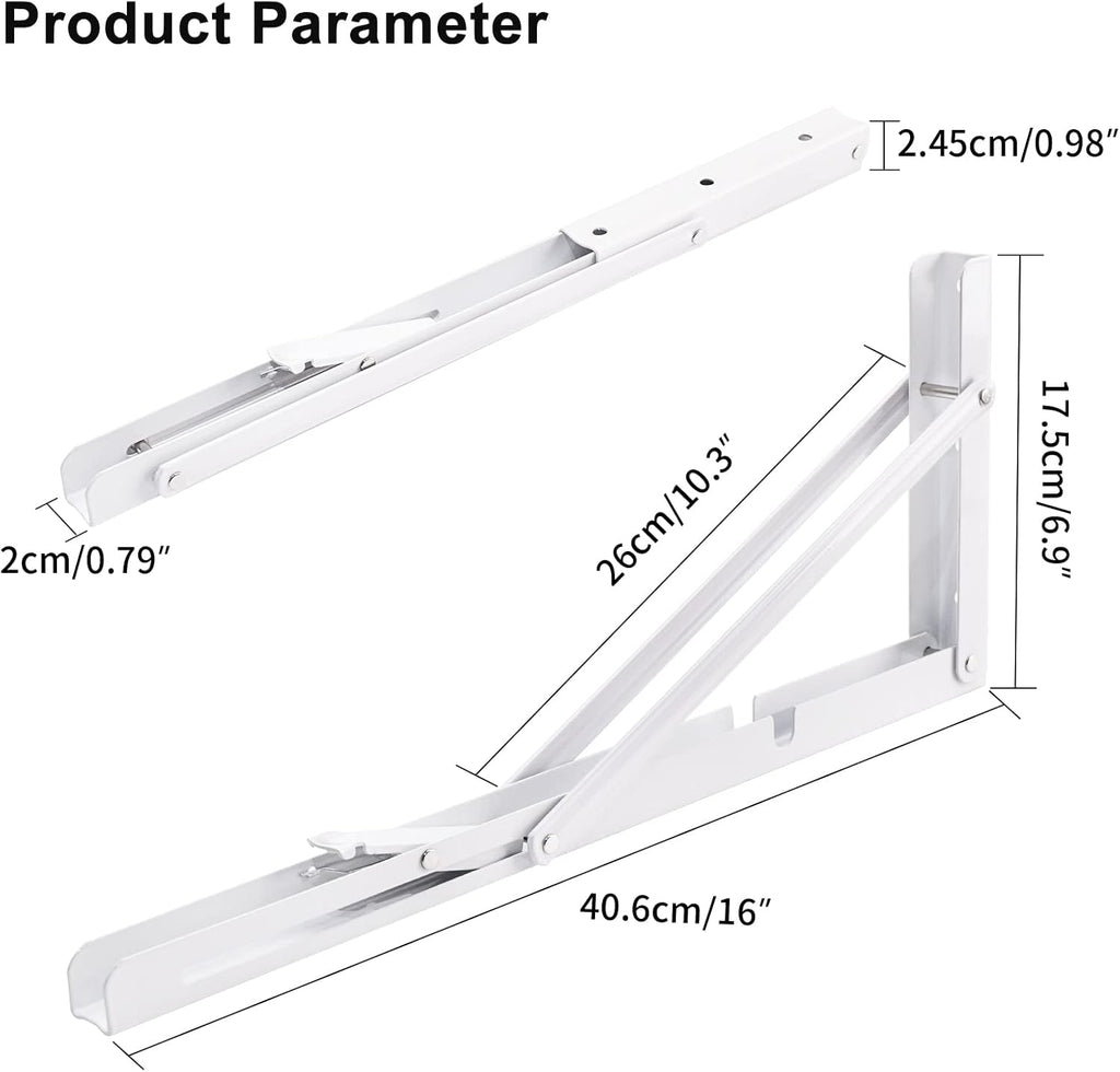 YUMORE Folding Shelf Brackets, 16 Inch Heavy Duty Collapsible Shelf Bracket, White DIY L Bracket for Workbench Folding Table Hinge, Max Load: 330lb, Pack of 2