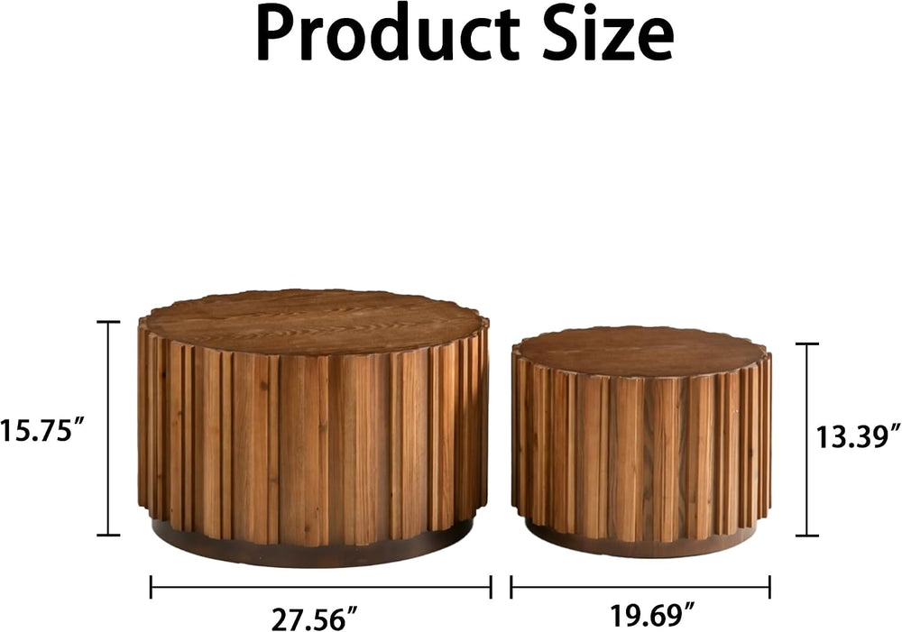 SSLine Fluted Round Nesting Coffee Table Set of 2, Mid-Century Wooden Drum Co...