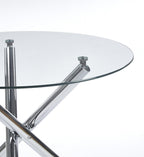Round Glass Dining Table Set for 4, Modern 5-Piece Round Dining Table & Chair for 4, 36" Glass Kitchen Table with 4 Leather Dining Chairs for Small Living Room Kitchen, Shiny Silver Legs