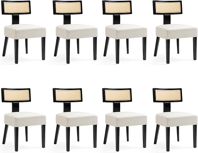 Rattan Dining Chairs Set of 8, Mid-Century Modern Fabric Upholstered Dining Room Chairs with Black Hardwood Frame, Curved Backrest Kitchen Chair Armless Accent Chairs for Dining Room (Cream)