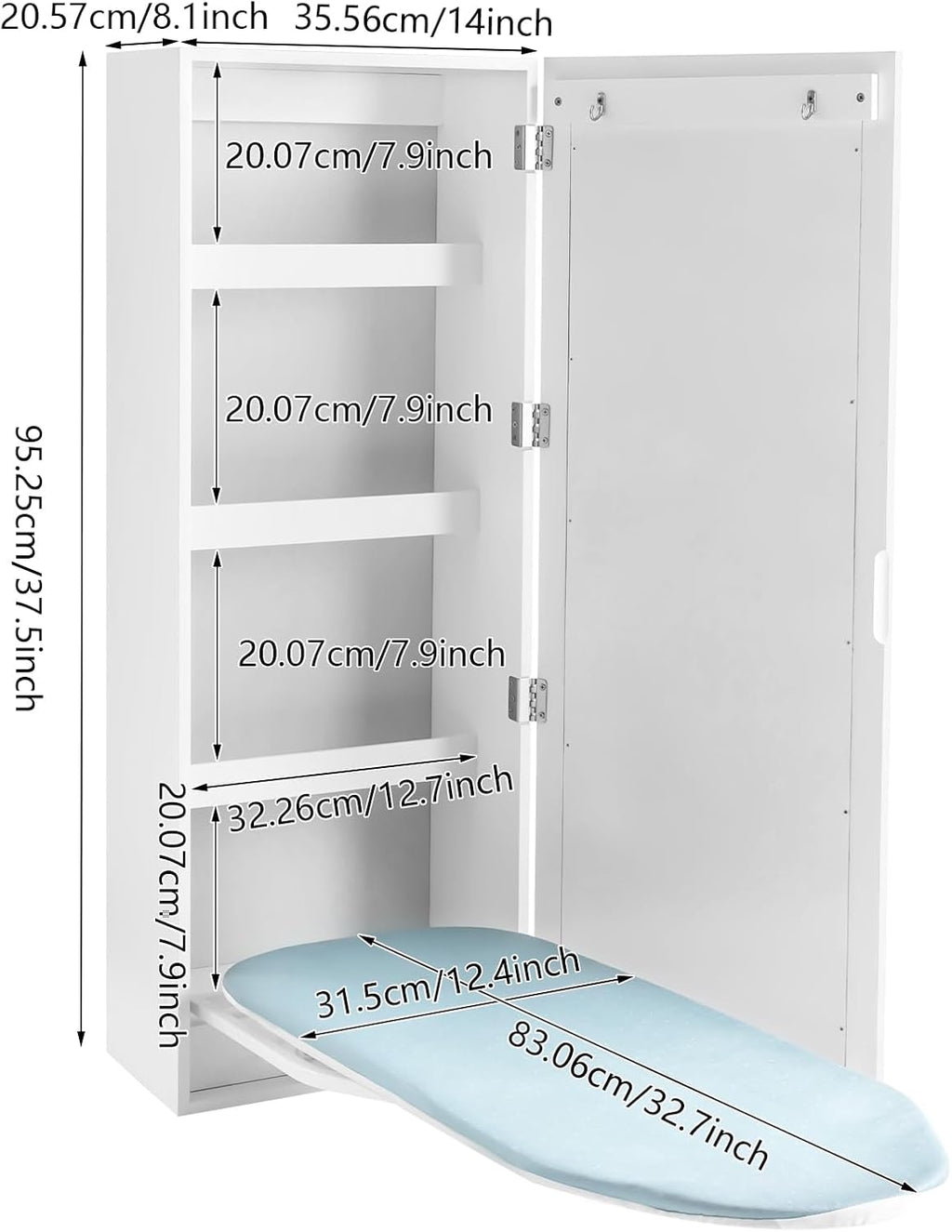 Wall Mount Ironing Board Cabinet, 14 * 8.1 * 37.5inch Built-in Swivel Ironing Board Foldable with Storage, Ironing Table Closet with 180° Rotatable Ironing Table for Home, Apartment & Small Spaces