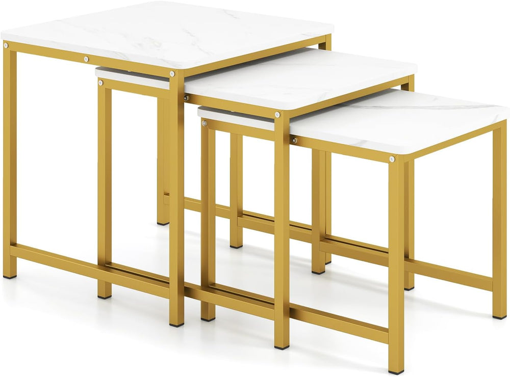 Giantex Nesting Coffee Table Set of 3, Small Center Tables, White | Faux Marb...