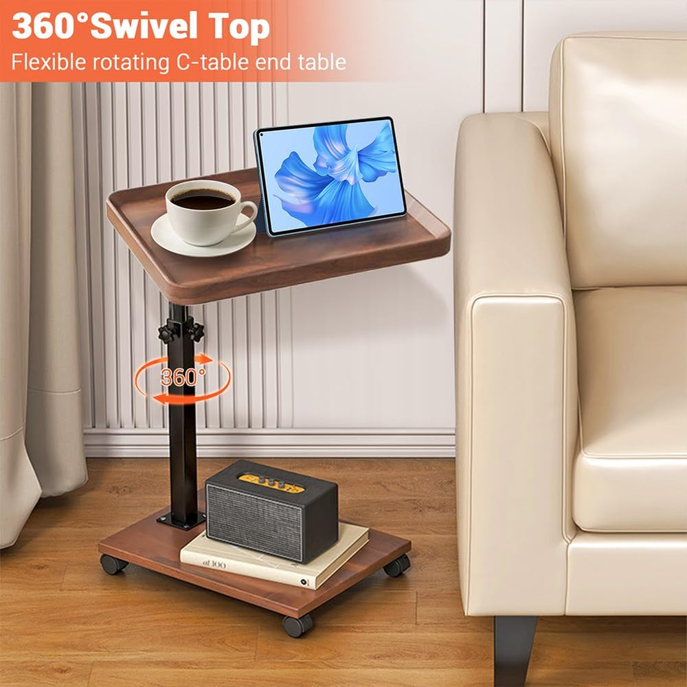 C Shaped End Table Adjustable Height, 360°Swivel TV Tray Table for Small Spac...