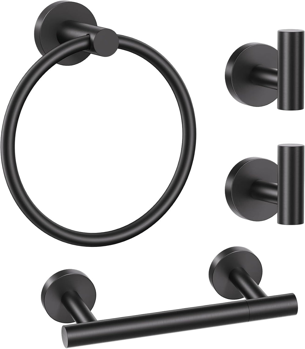 Matte Black Bathroom Hardware Set, Toilet Paper Holder, Towel Ring & Hooks