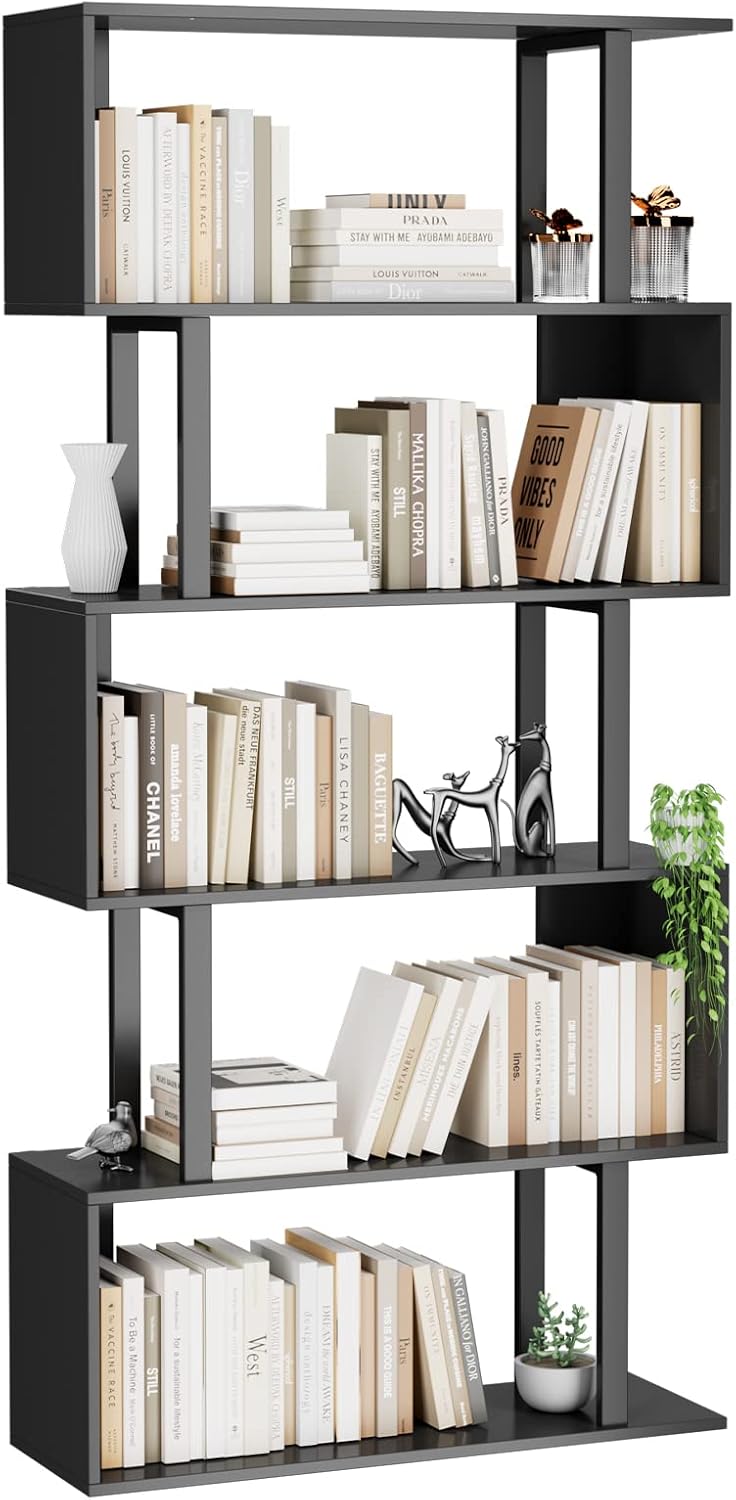 Gadroad 5-Tier Tall Bookshelf, S-Shaped Book Shelf Unit, Black