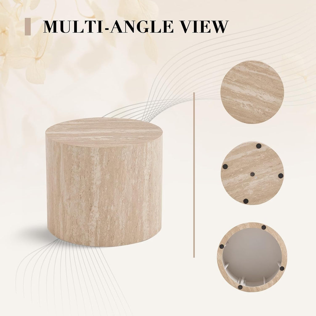 CIMOTA Round Wood Nesting Coffee Table Set of 2, Modern Circle Travertine End Side Table Sets for Living Room, Light Wooden Color/No Assembling