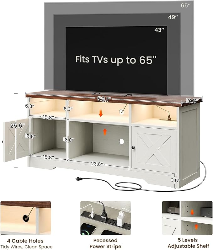 Casaottima TV Stand for 65 Inch TV, Farmhouse Entertainment Center with Power...