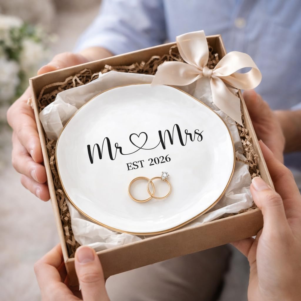 Mr & Mrs EST 2026 Ring Dish - Elegant Ceramic Ring Holder for Engagement, Wedding, and Bridal Shower Gifts - Honeymoon Keepsake for Friends, Newlyweds, and Bride-to-Be