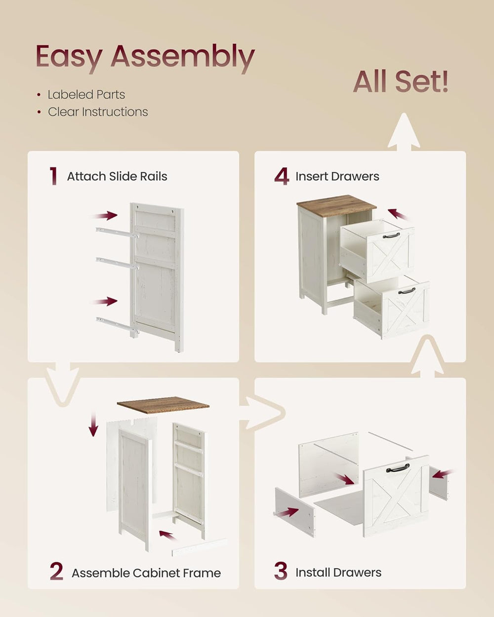 VASAGLE File Cabinet, 2-Drawer Filing Cabinet for Home Office, Modern Farmhou...