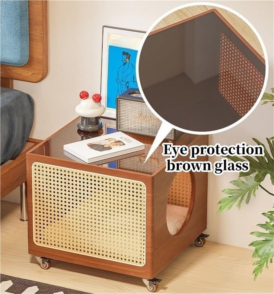 2-in-1 Cat Coffee Table Wood Rattan Side Cabinet with Glass Top Wheels Shared...