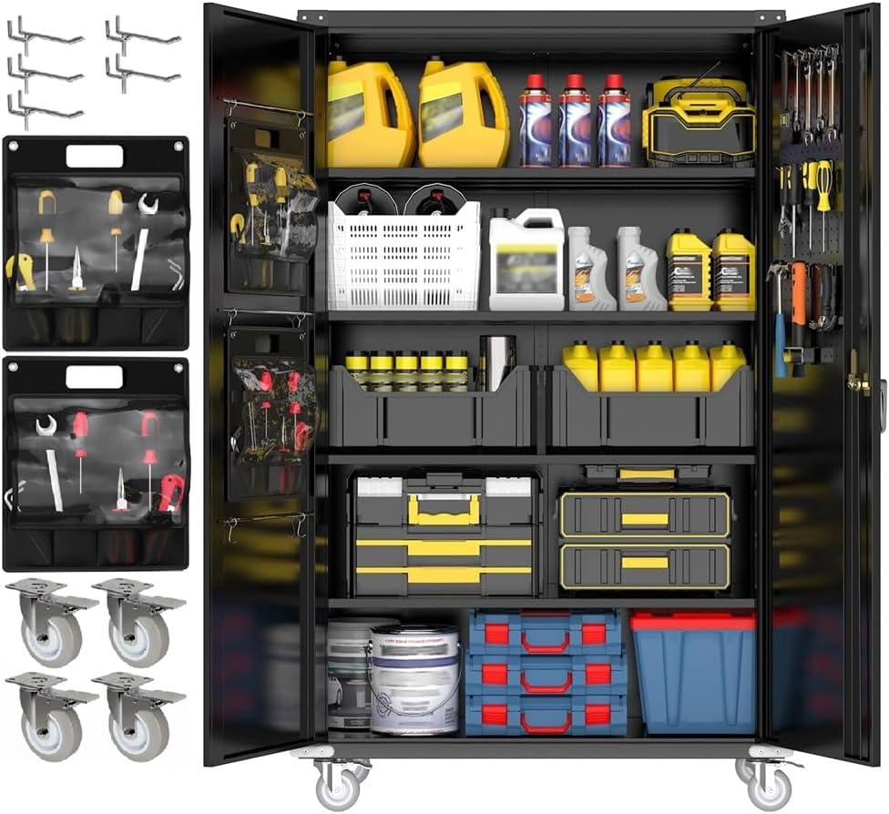 Yeeoy 72" Wide & Deep Metal Garage Storage Cabinet with Wheels, Blac...