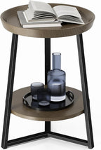 Gadroad Round End Table with Storage Shelf, 2 Tier Farmhouse Side Table Nightstand for Living Room, Bedroom, Wood Tabletop & Black Metal Frame, Walnut Color 15.7 * 15.7 * 23.0inches
