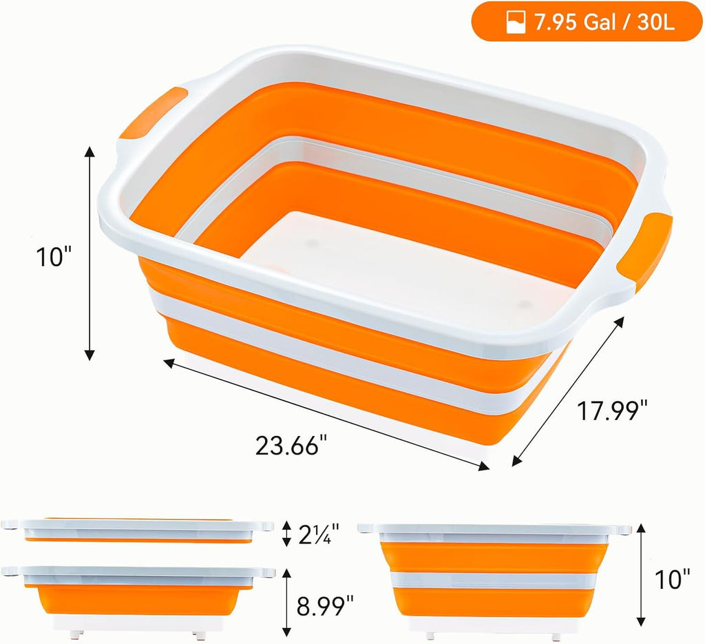 Collapsible BBQ Prep Tub with Cutting Board - 7.95 Gal/30L Food-Grade Container - BPA-Free, Space-Saving w/Lid & Drain Hole - for Grilling, Camping, Offset Smoker (Orange)