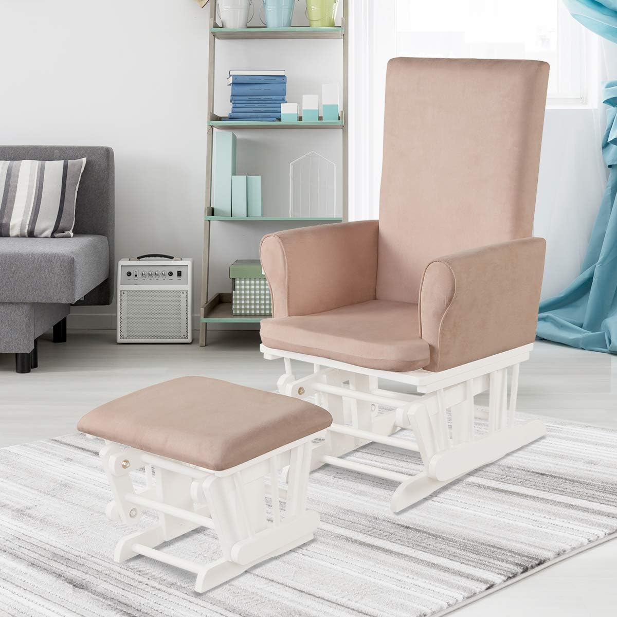 Costzon Baby Glider and Ottoman Cushion Set, Wood Baby Rocker Nursery Furniture for Napping, Nursing, Reading, Upholstered Hoop Glider & Ottoman Comfort Nursery Chair w/Padded Armrests (Pink)