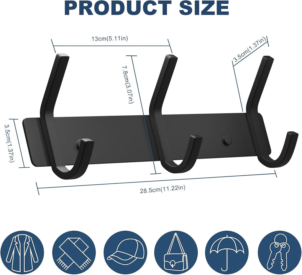 VAEHOLD Coat Hooks Wall Hook for Hanging Clothes Robes Towels Hats Heavy Duty Coat Hanger Coat Rack Wall Mount with 3 Hooks - Black