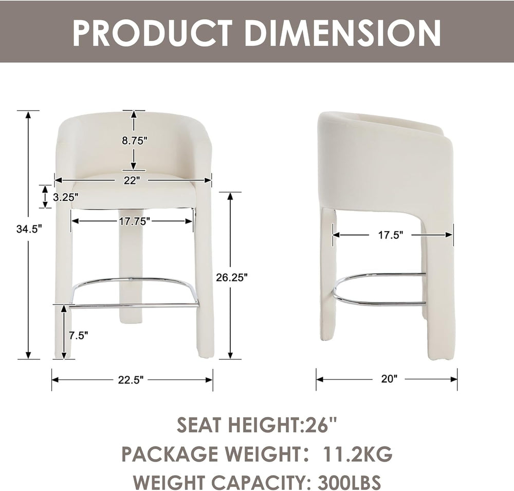 HNY Modern Barrel Bar Stools Set of 2, 26 Inch Upholstered Velvet Counter Hei...