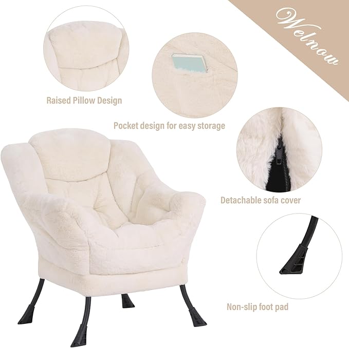 Welnow Lazy Chair with Ottoman, Modern Lounge Accent Chair with Armrests and a Side Pocket, Leisure Sofa Armchair, Reading Armchair with Footrest for Small Space, Plush Beige