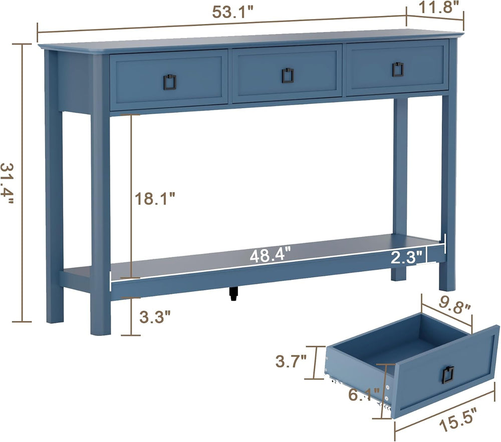 Treocho 53.1" Console Table with 3 Drawers, Sofa Table Behind Couch, 2 T...