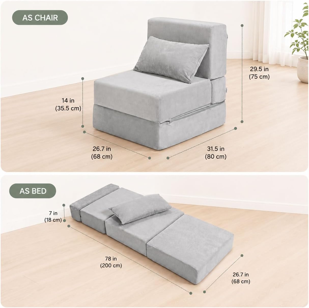 Folding Sofa Bed, Convertible Sleeper Chair, No Assembly (Gray) | Boneless Sofa Couch, Foldable Mattress & Back Support, Portable Floor Lounger Futon for Small Apartment, Dorm, Guest Room