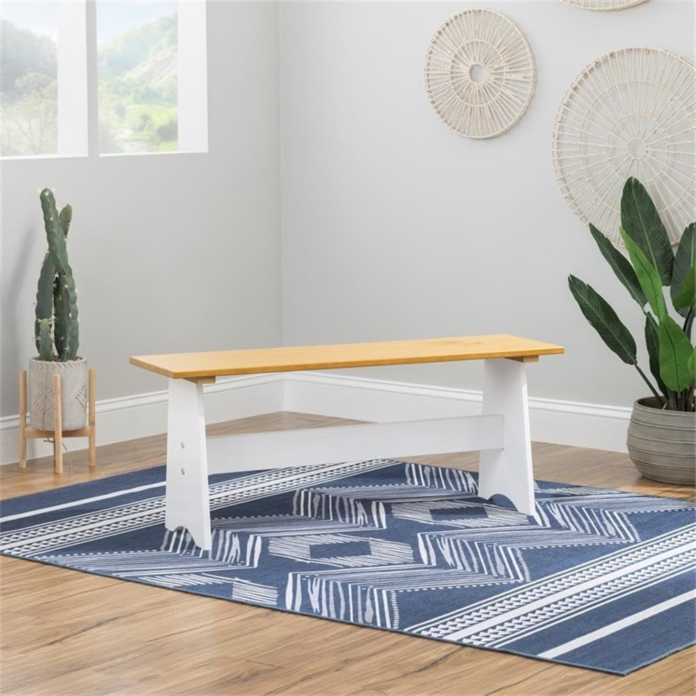 BOWERY HILL Large Backless Wood Bench, 42 in x 12 in x 17 in, White and Honey...