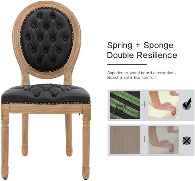 French Country Dining Chairs Set of 6, Black Kitchen & Dining Room Chairs, Faux Leather Tufted Upholstered, Wood Legs, Sillas De Comedor (PU, Black, 6Pcs)