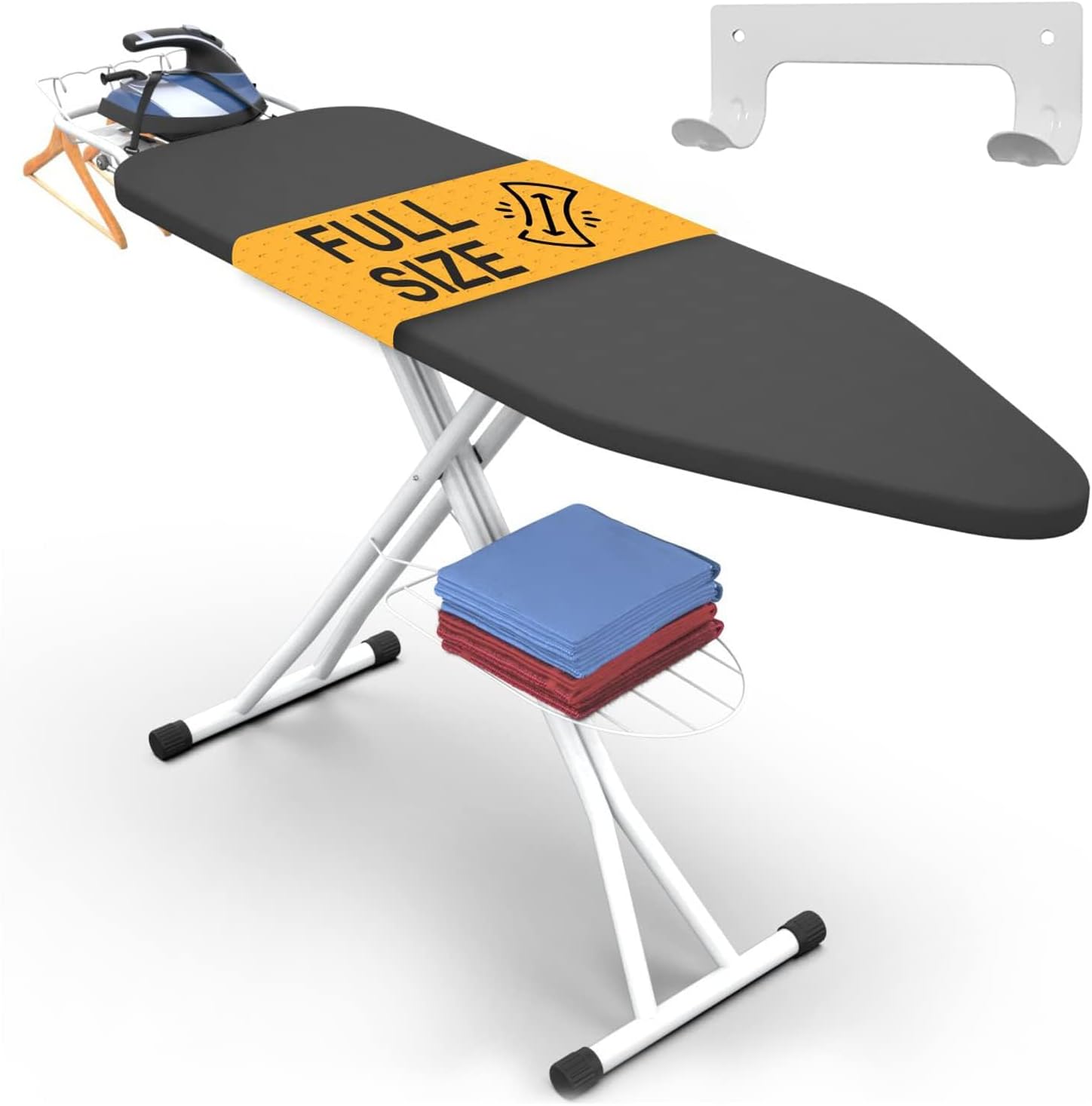Xabitat Full Size Ironing Board 57" X 13" with Wall Mount Hanger, Full Metal Construction Iron Board, Built in Iron Caddy, Heat & Scorch Resistant Fabric, Cord Holder, Anti-Skid Feet, Heavy Duty