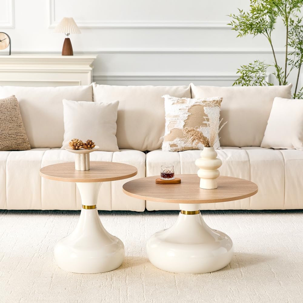 Affordable Luxury Gourd-Shaped Nesting Coffee Table Set. (Off White + Wood + ...