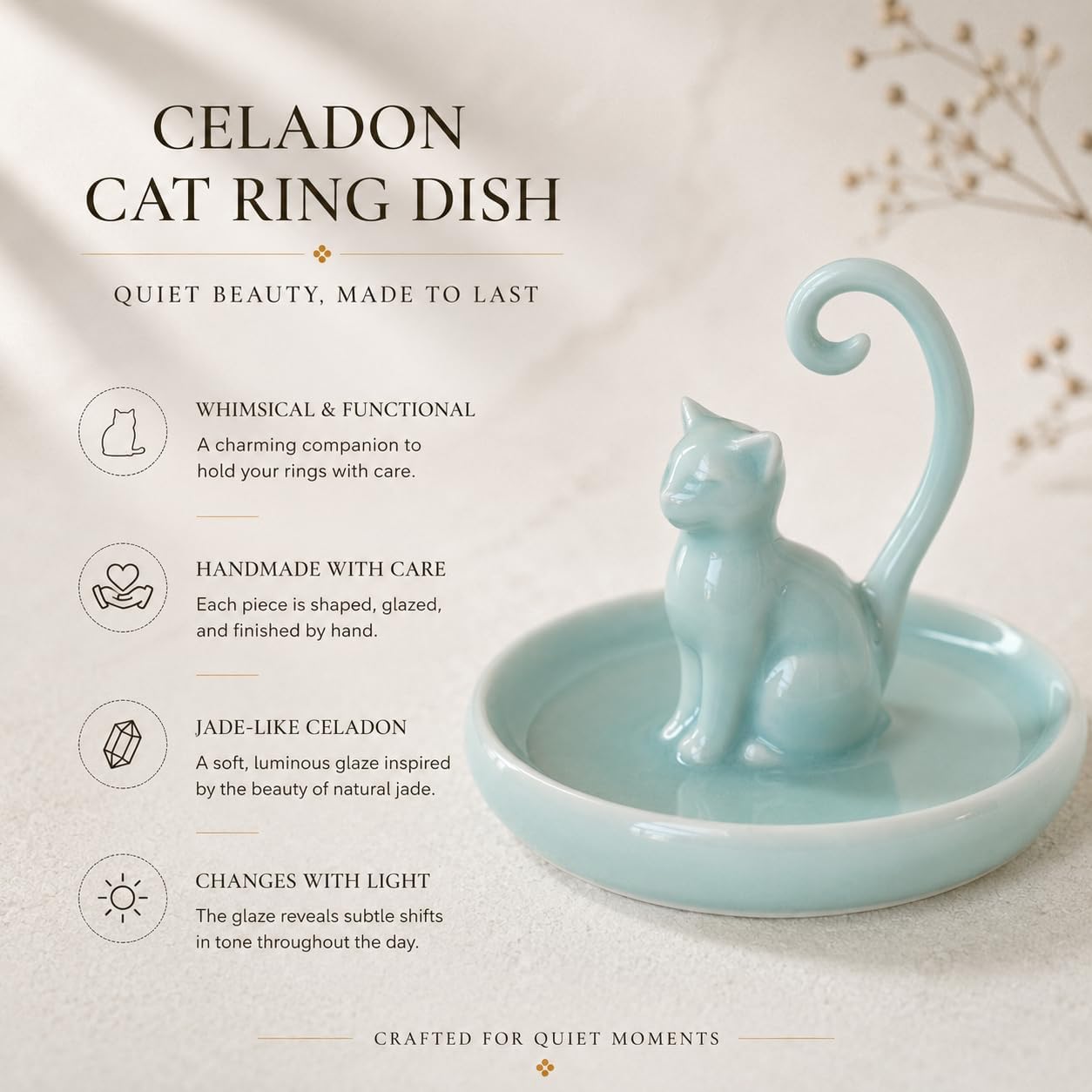 Handmade Celadon Cat Ring Holder Dish | Ceramic Jewelry Tray for Rings & Earrings, Cat Lover Gift for Women, 8th 9th Pottery Anniversary, Birthday Gift