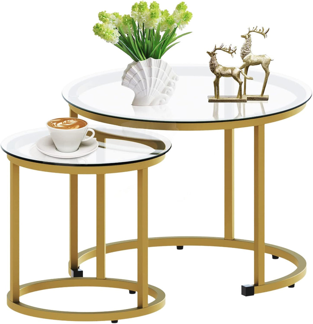 aboxoo Gold Nesting Coffee Table Set of 2, Small Glass Round Nesting Tables f...