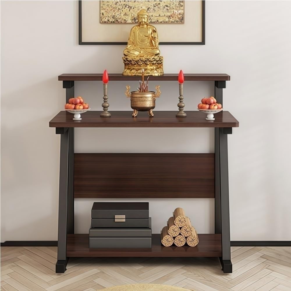 Altar Table with Dual-Tier Design, Compact Home Prayer Table with Storage She...