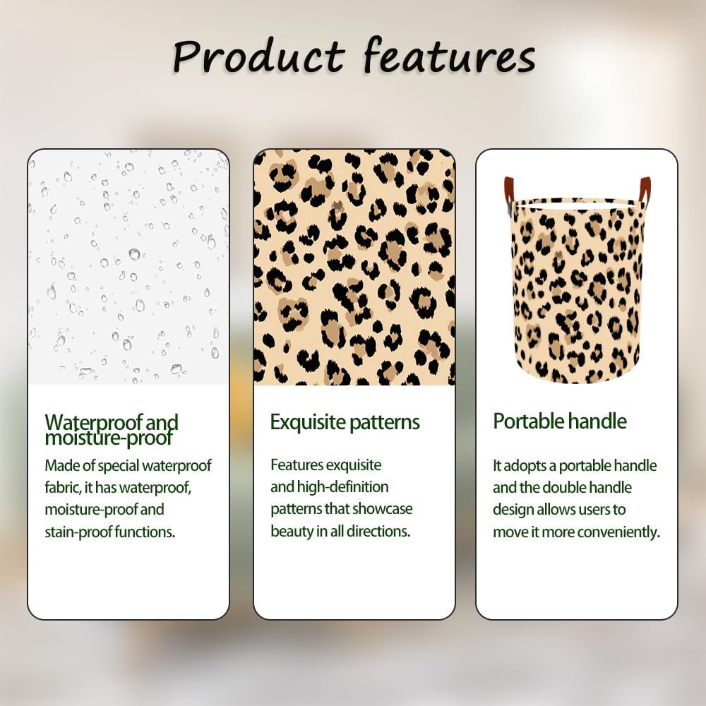 Laundry Baskets 15.7x19.7 Inch Large Classic Leopard Print Design Collapsible Laundry Hamper with Handles Oxford Fabric Clothes Storage Bin Foldable Dirty Clothes for Bedroom Bathroom Dorm