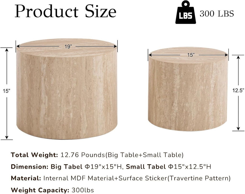 EALSON Nesting Coffee Tables Set of 2 Farmhouse Small Round End Tables Modern Circle Side Table Drum Table for Living Room/Small Spaces/Bedroom/Balcony, No Assembly, Travertine