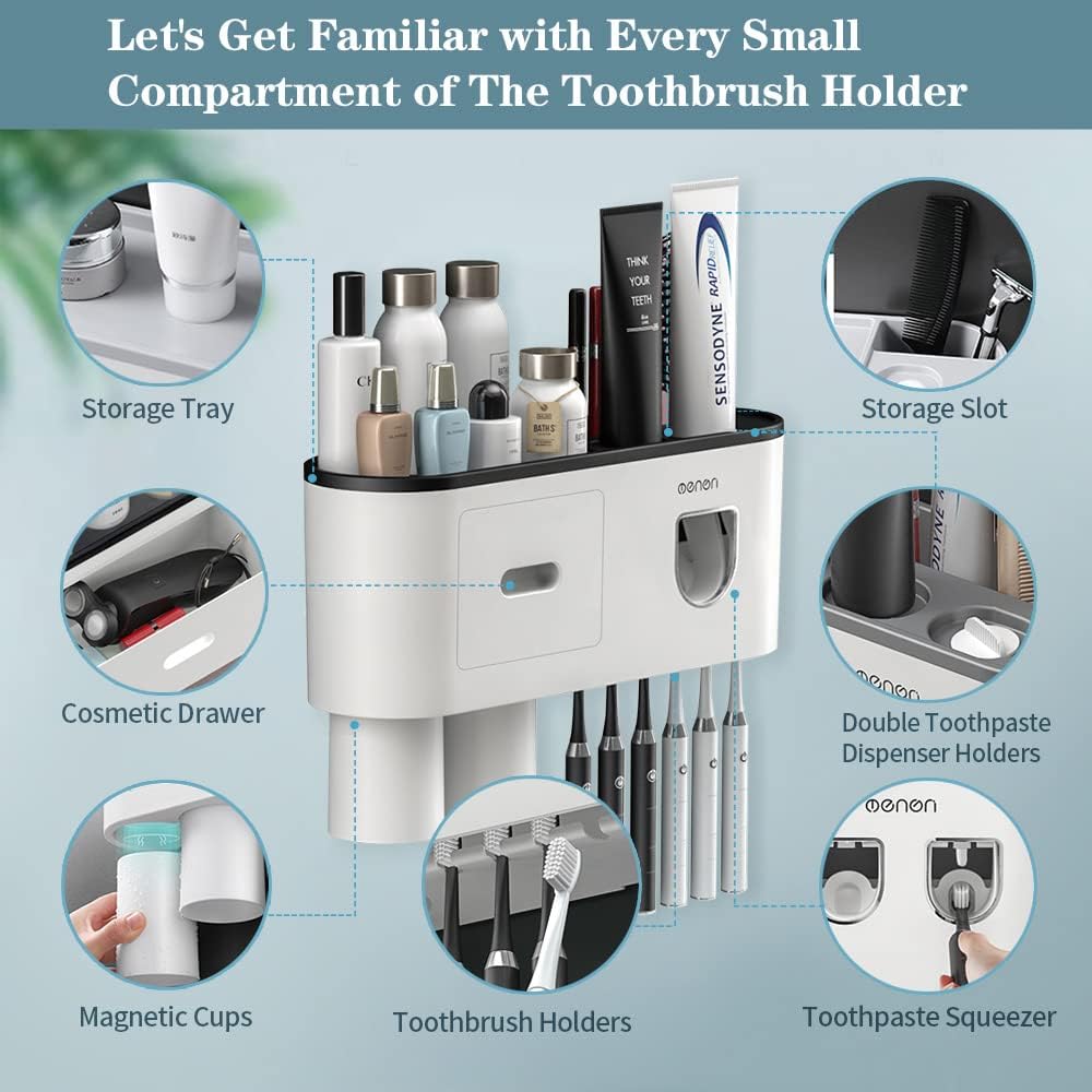 Toothbrush Holders Wall Mounted, Toothbrush Holder with Automatic Toothpaste Dispensers, 6 Brush Slots, 2 Magnetic Cups,1 Cosmetic Drawer Organizer and 1 Large Storage Tray
