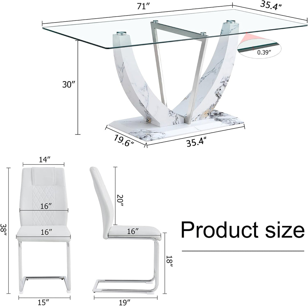 Modern Faux Marble Dining Table Set for 6, 63" Rectangular Kitchen Table with Elegant U-Shaped Pedestal Base and 6 Sleek Cantilever Chairs, Contemporary 7-Piece Dining Room Furniture Set