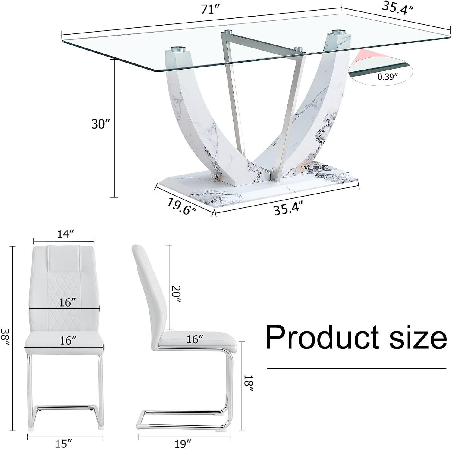 Modern Faux Marble Dining Table Set for 6, 63" Rectangular Kitchen Table with Elegant U-Shaped Pedestal Base and 6 Sleek Cantilever Chairs, Contemporary 7-Piece Dining Room Furniture Set