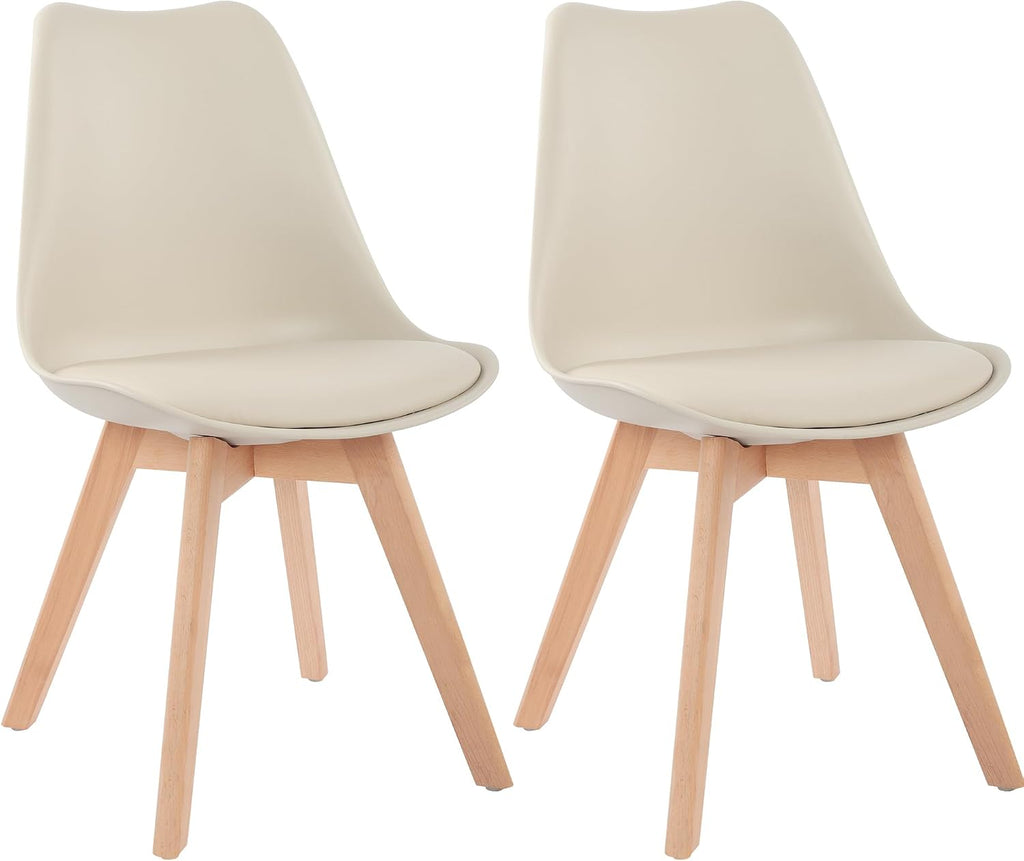 LSSBOUGHT Mid Century Modern Dining Chairs,Shell Lounge Plastic Side Chair with Soft Padded and Wooden Legs for Dining Room Living Room Bedroom Kitchen Set of 2 (Cream)