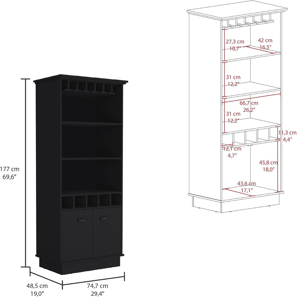 70-Inch High 10-Glass Bar Cabinet with 5 Cubbies and 3 Open Shelves and Cabin...