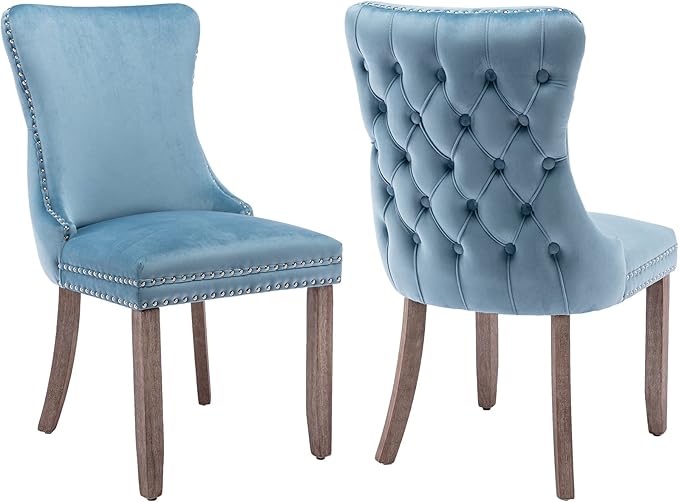 Modern Dining Chairs Set of 2, Upholstered Dining Chair with Full Back and Button Tufting, Blue Velvet Accent Chair, Sillas de Comedor, Comfy Kitchen Chairs (Light Blue, Velvet, 2Pcs)