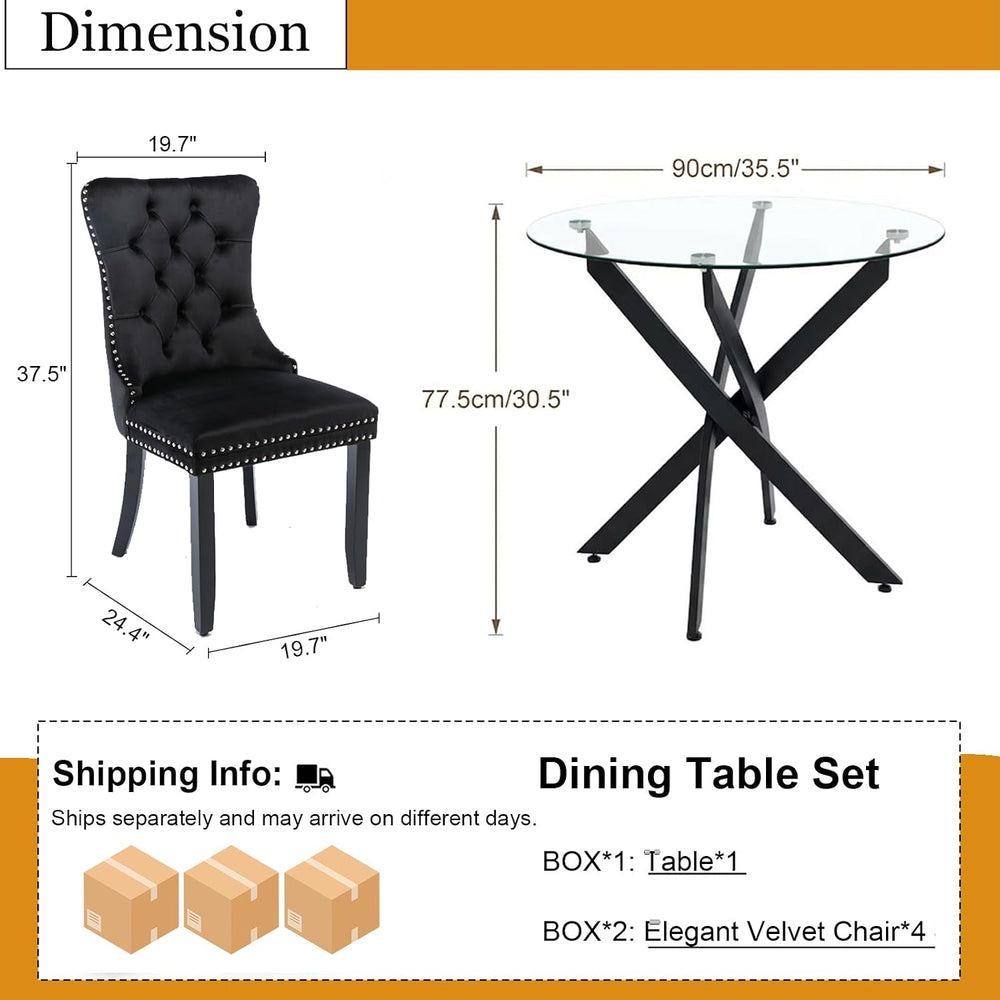 Dining Table Set for 4, Round Glass Kitchen Table with 4 Black Upholstered Ve...