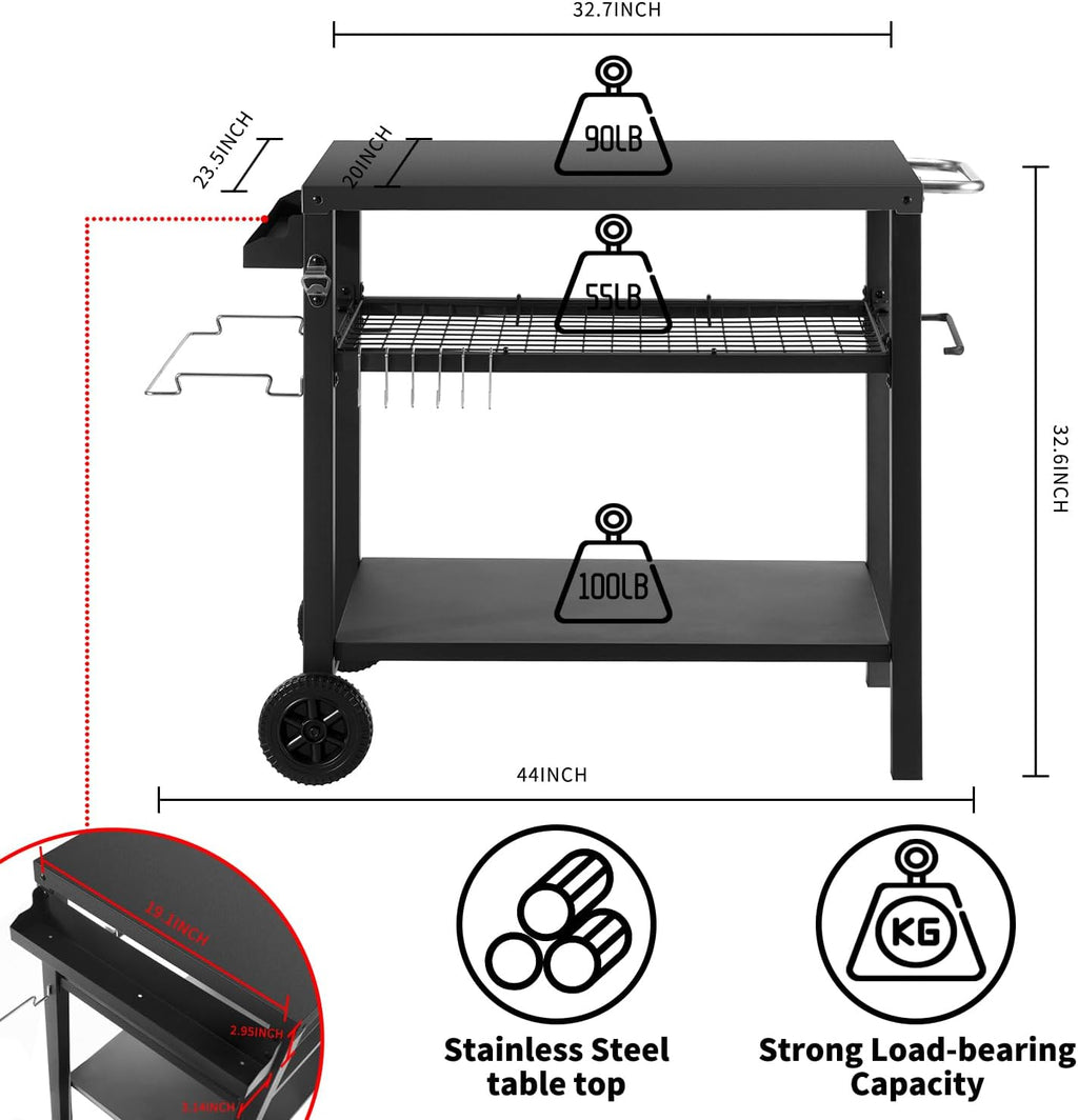 Grill Cart Table with Three Shelf, Movable Outdoor Dining Cart Pizza Oven Stand with Three Hooks, Kitchen Cart Island Multifunction Food Prep Table (Black)