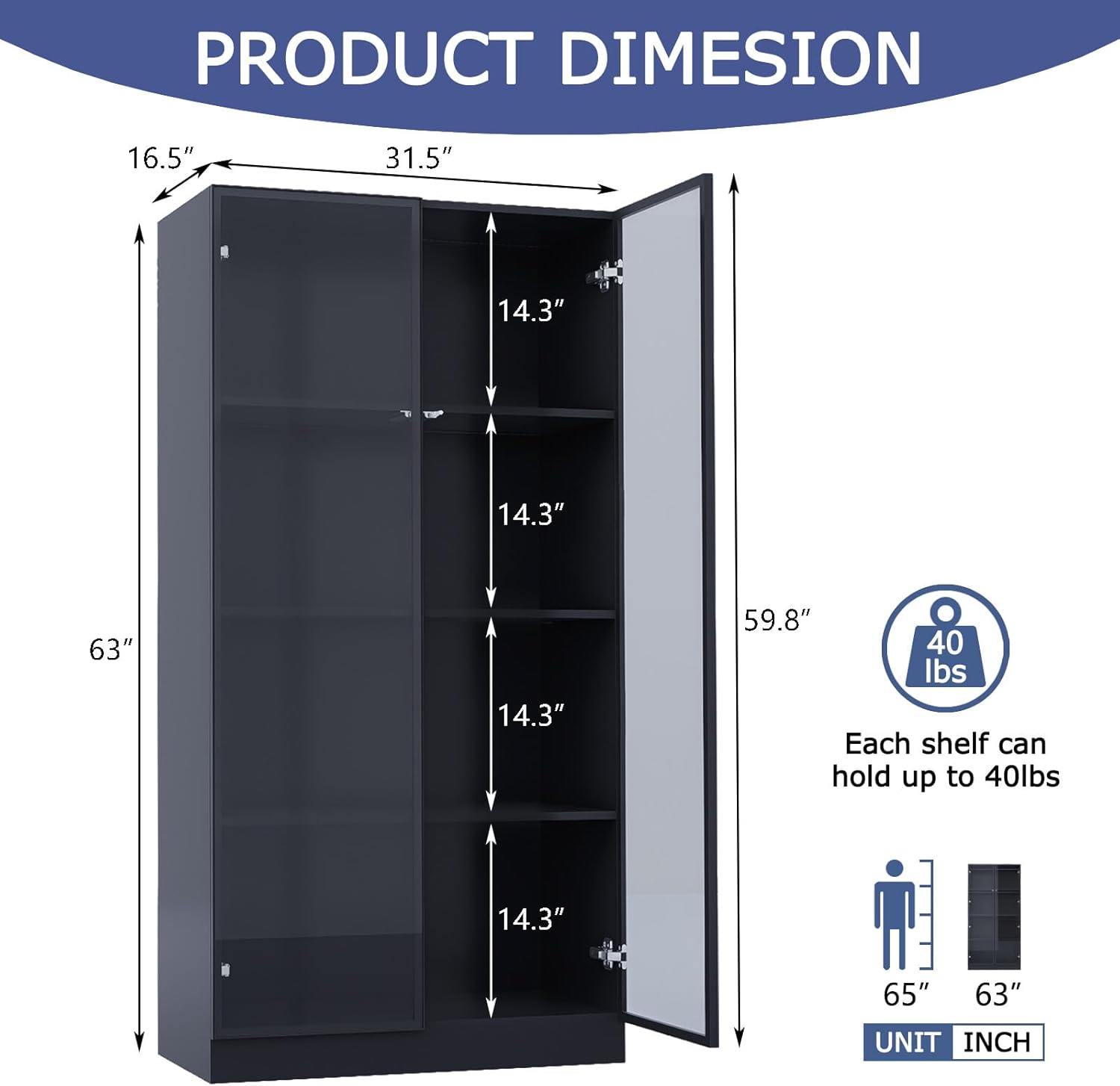 Glass Display Cabinet with LED Lights, Display Case Bookcase with 4-Tier Shelves, Curio Cabinet with 2 Glass Doors, Storage Cabinet for Collectibles, Living Room