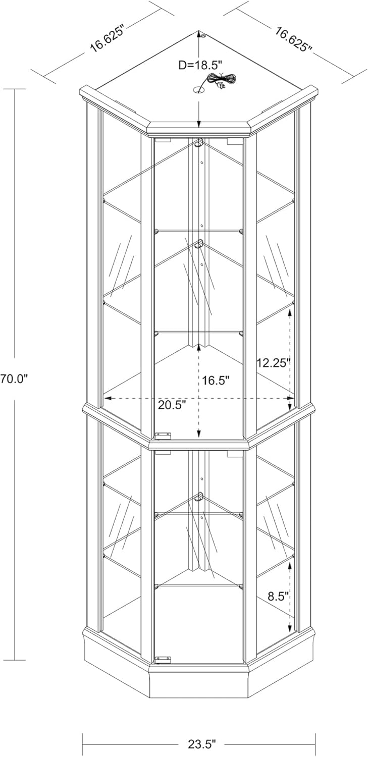 Corner Curio Cabinet, 70" Tall Lighted Glass Display Cage with Tempered ...