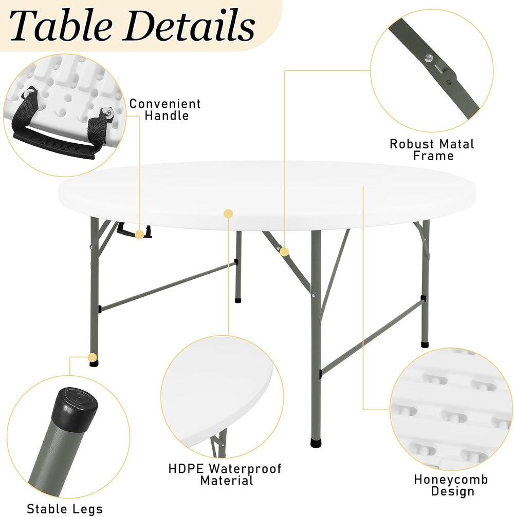 HAISIWLKJ 4FT Round Folding Table White Fold-in-Half with Carrying Handle Por...