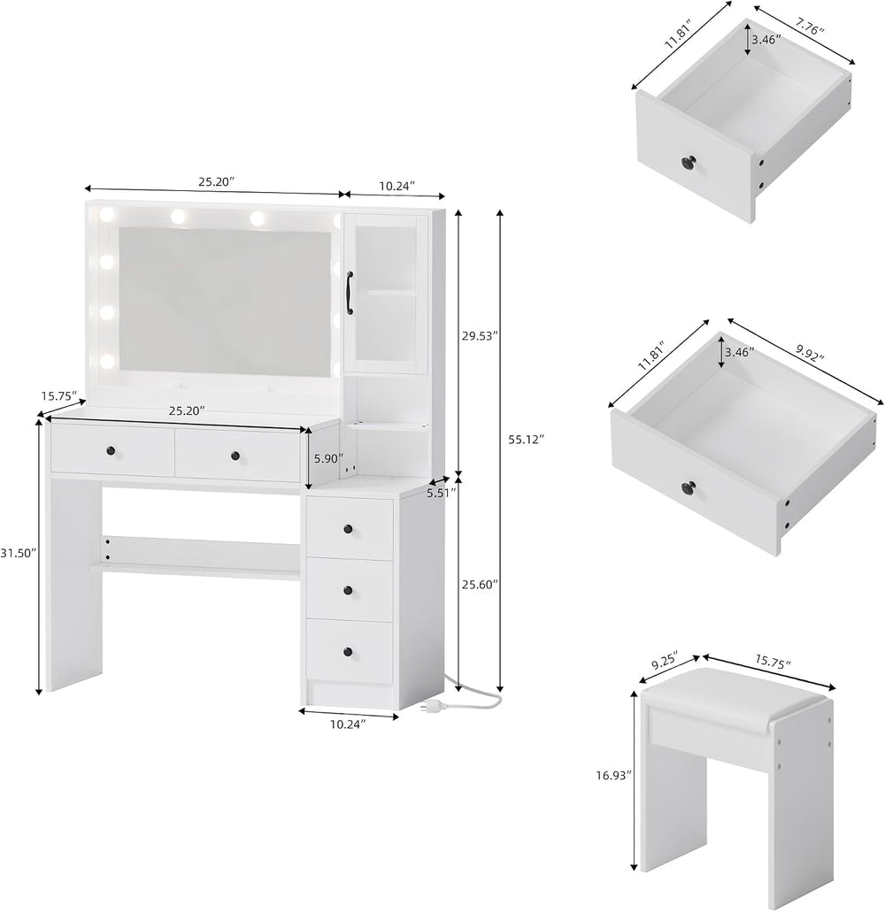 35.4” Makeup Vanity Desk with Charging Station, White Makeup Dressing Table w...