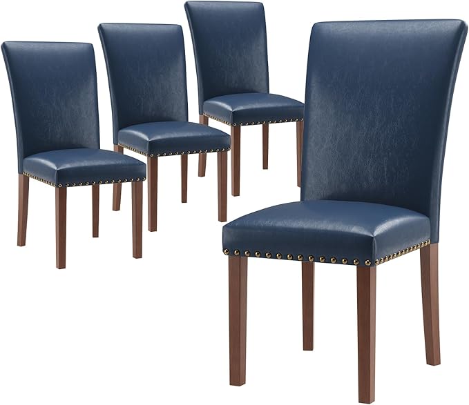 Stylish Dining Chairs Set of 4, Upholstered Parsons Dining Room Chair with Nailhead Trim, Kitchen Room Chair with Thick Cushions and Wood Legs, Nailhead Trim, Blue Leather