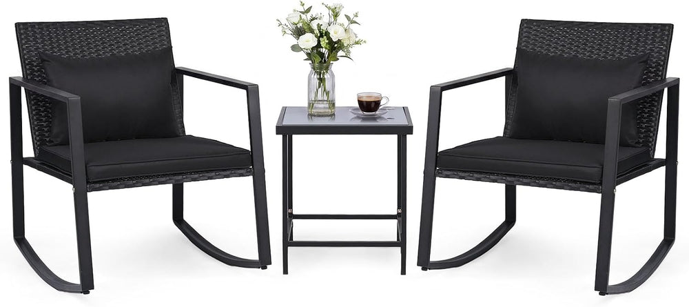 Tangkula 3 Pieces Outdoor Rocking Chairs Set, Rattan Heavy Duty Cushioned Roc...